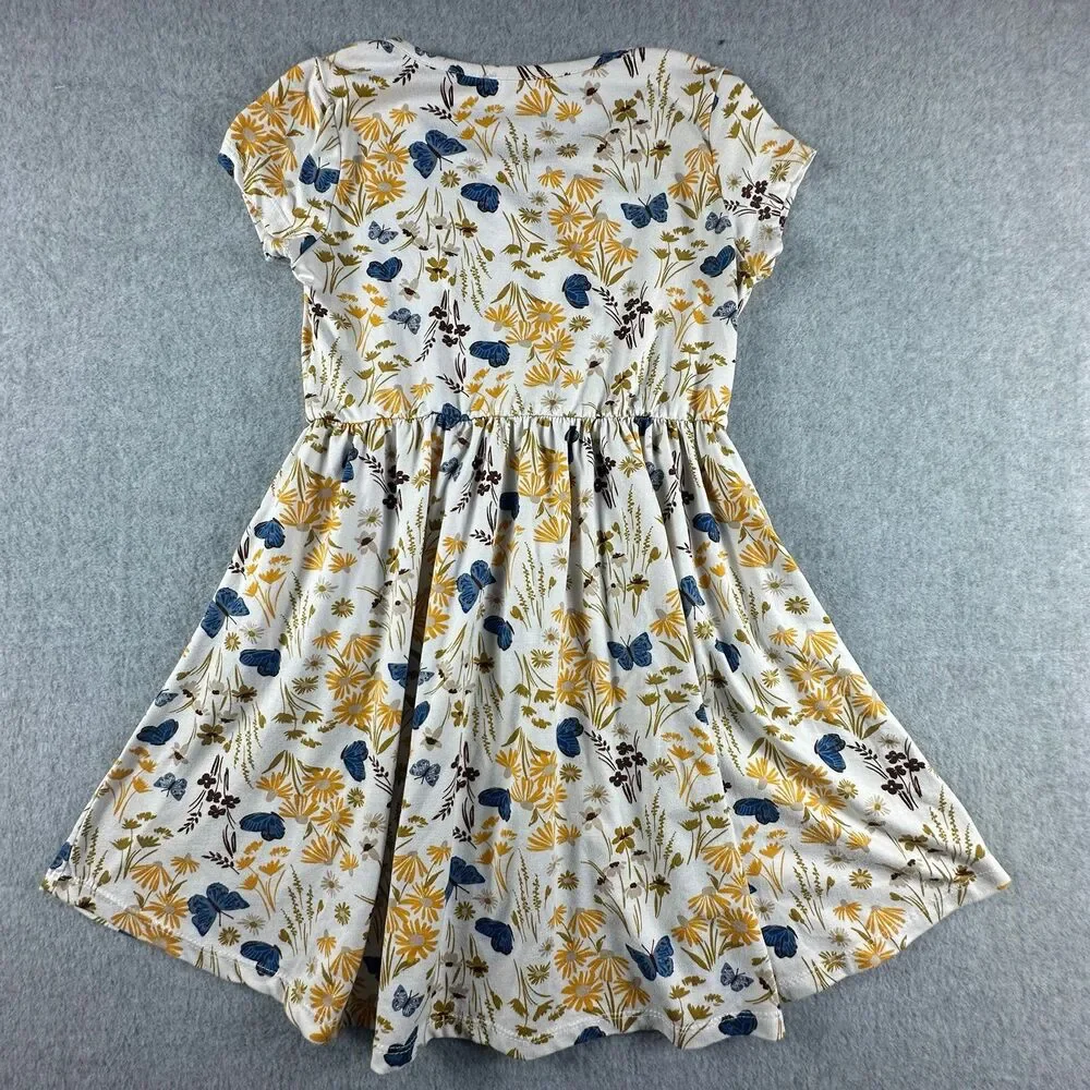 Girls Size 8 Butterfly Floral Dress Ivory Mustard Blue Pockets Fall